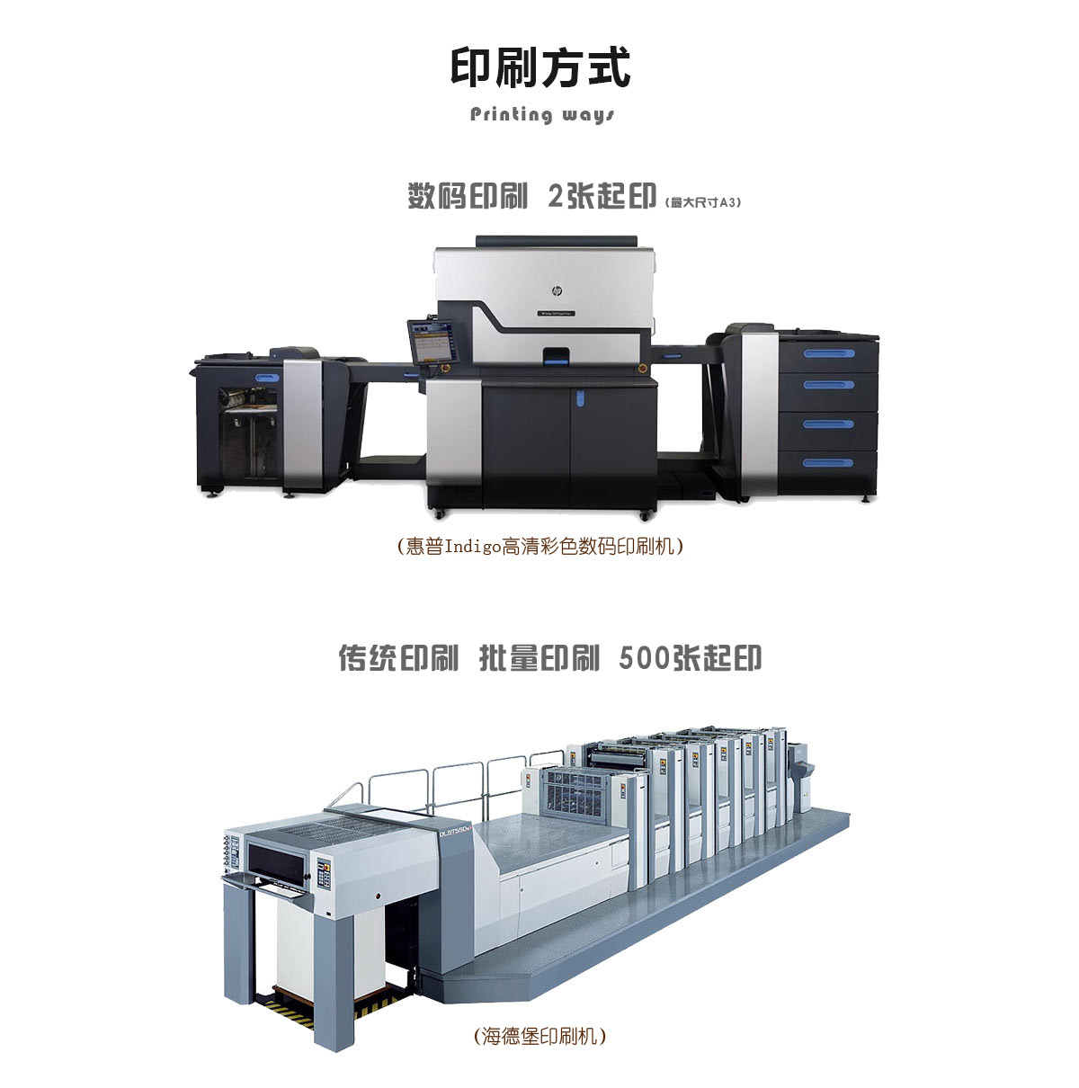 单张印刷方式、数码快印 2张起印 传统印刷 500张起印